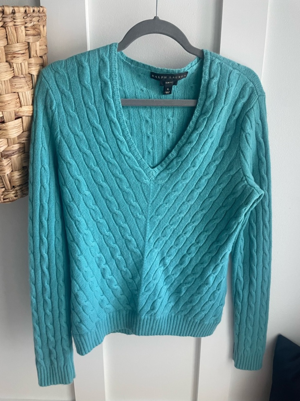 Ralph Lauren Women's Teal Cable V-Neck Sweater